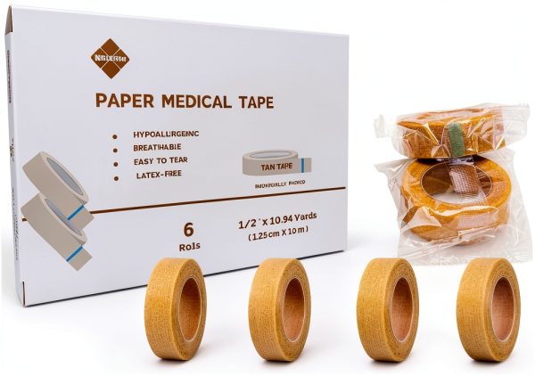 Hypoallergenic Soft Paper Medical Tape NBLEISHI Tan 1/2in x10yd 6Rolls-0